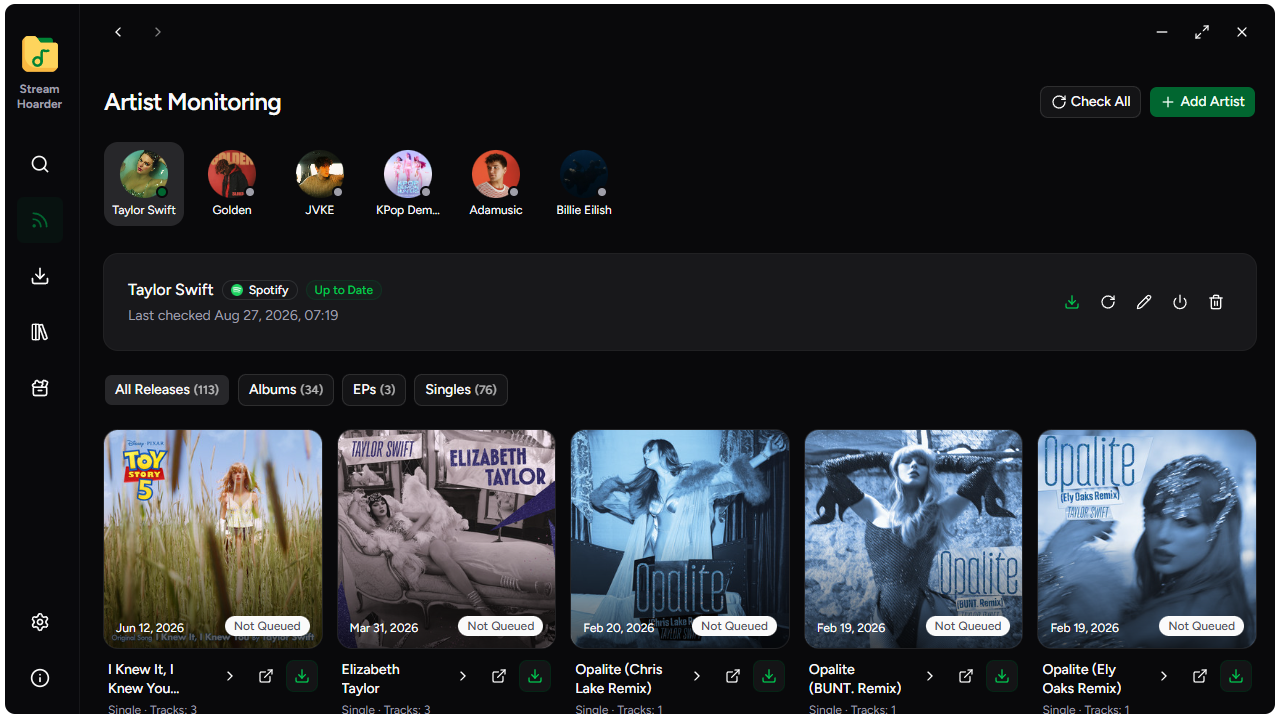 Stream Hoarder artist monitoring in dark mode