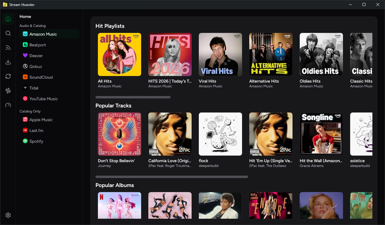 Stream Hoarder Home in dark mode, with playlists, popular tracks, and albums