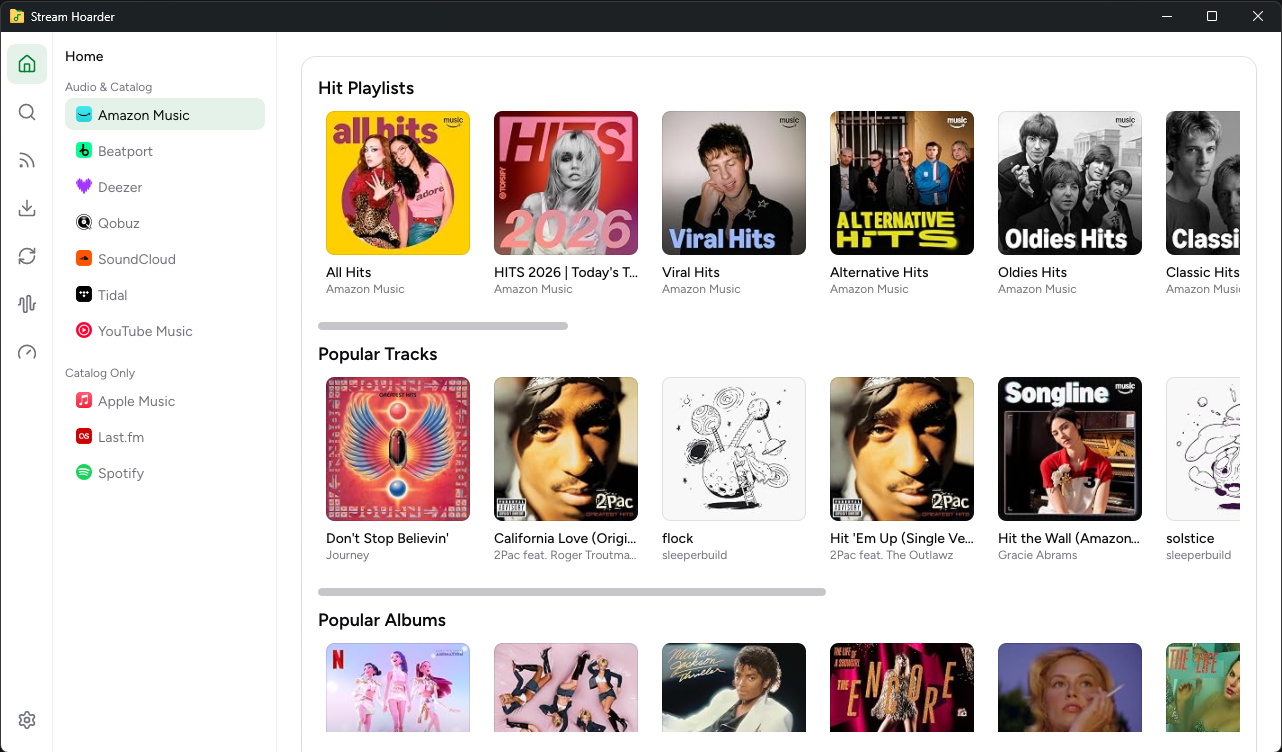 Stream Hoarder Home in light mode, with playlists, popular tracks, and albums