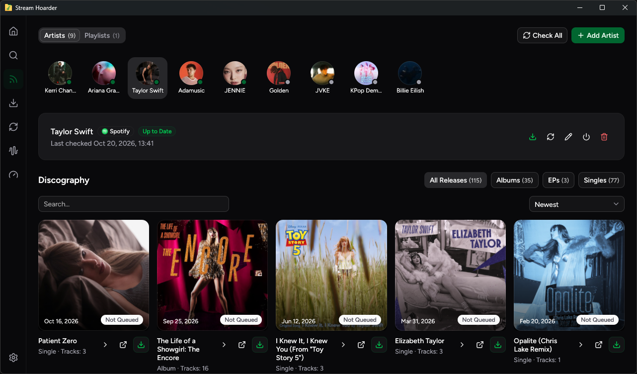 Stream Hoarder artist monitoring and discography in dark mode