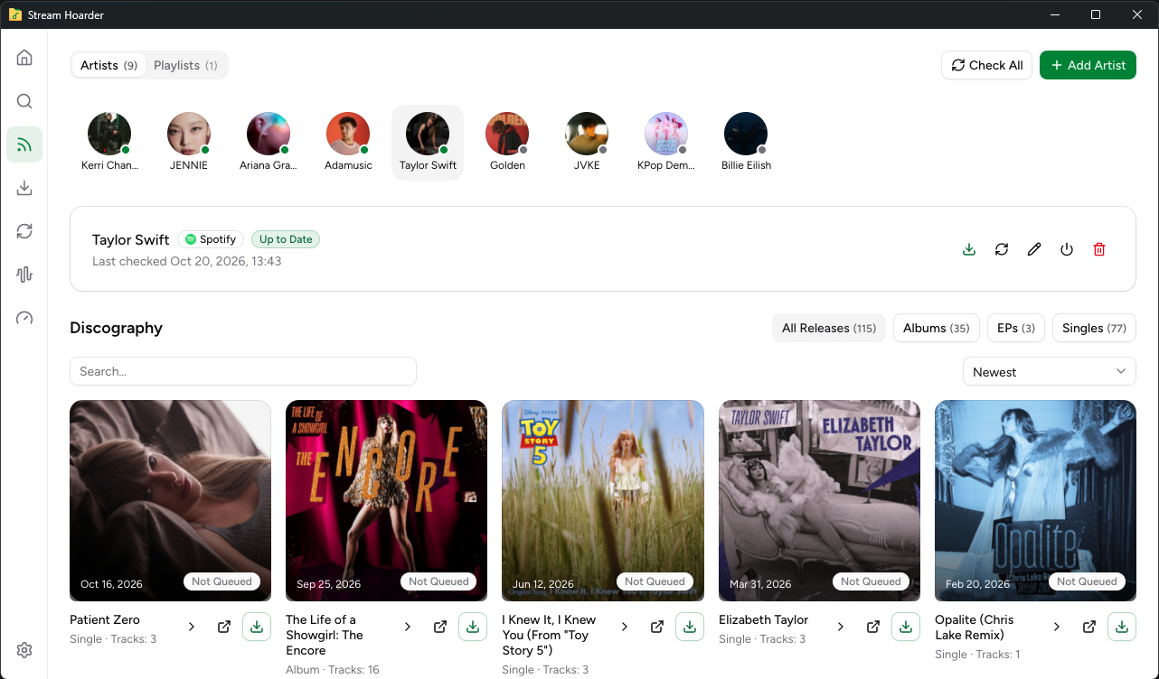 Stream Hoarder artist monitoring and discography in light mode