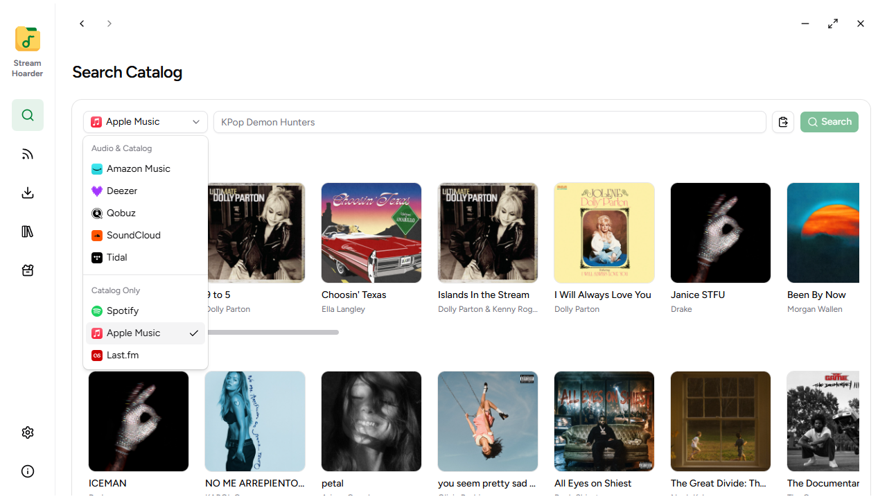 Stream Hoarder catalog search showing music services and search results