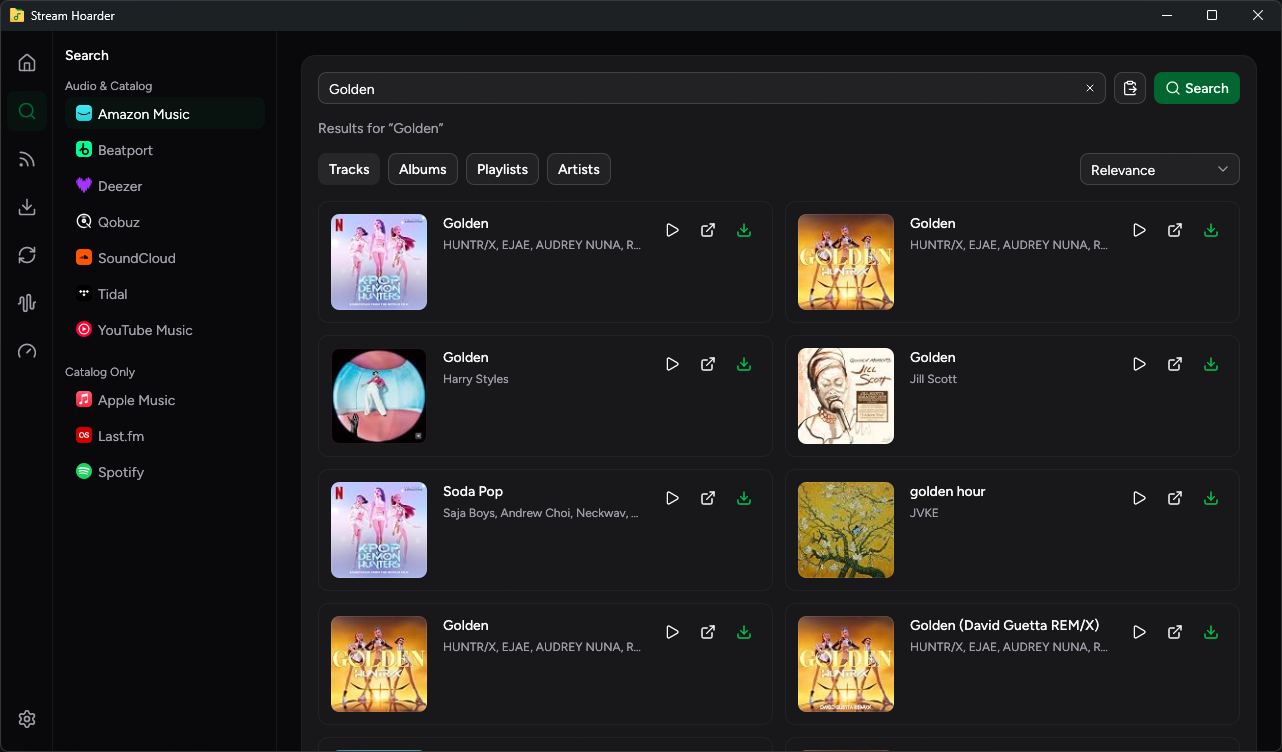 Stream Hoarder catalog search and results in dark mode