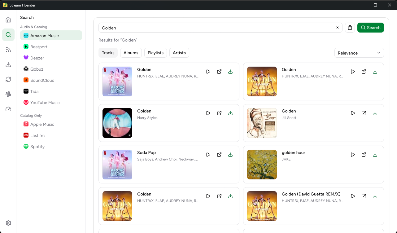 Stream Hoarder catalog search and results in light mode
